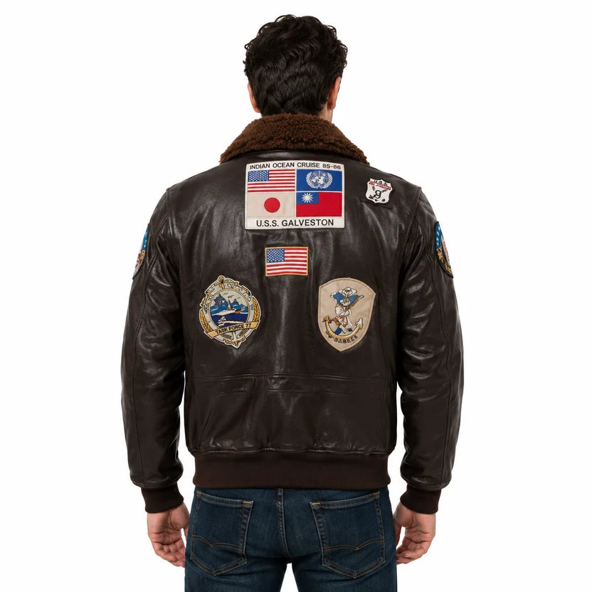 Men's Black Genuine Leather Top Gun Bomber Aviator Jacket