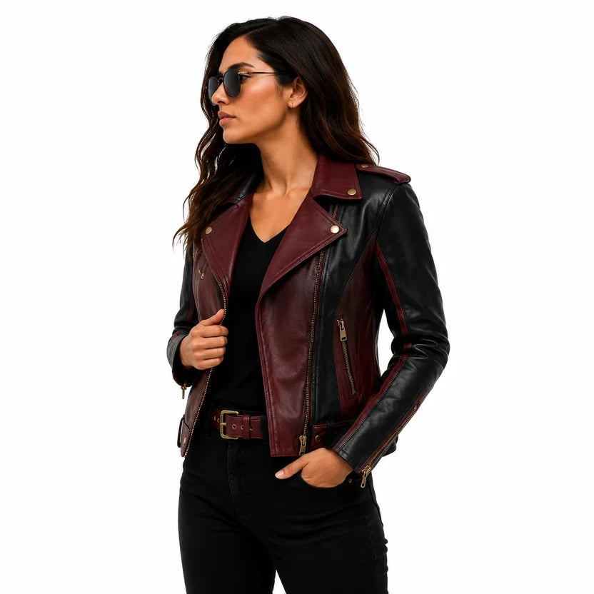 Women's Black & White Genuine Leather Moto Jacket