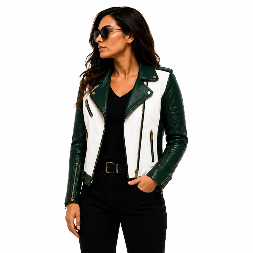women's green white real leather contrast moto jacket