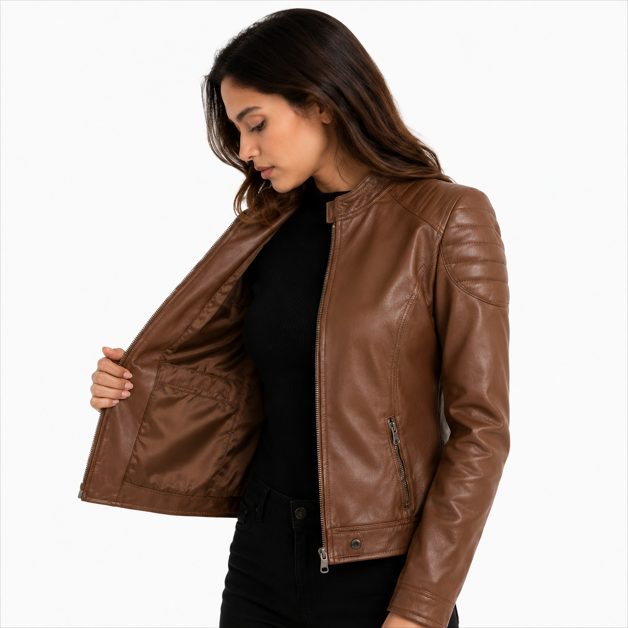 Women's Classic Cognac Brown Cafe Racer Leather Biker Jacket