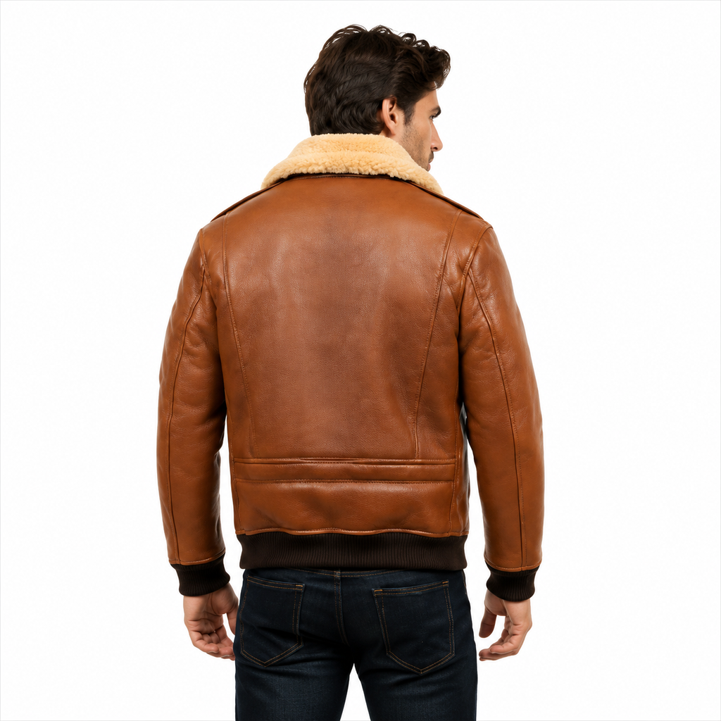 Men's tan brown leather aviator flight jacket