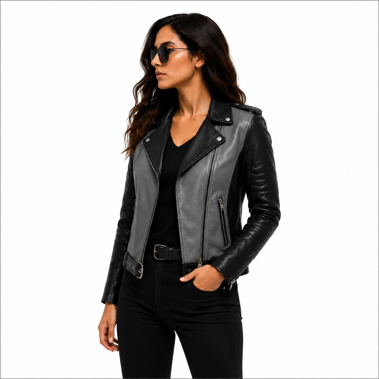 Women's Black & Charcoal Gray Biker Leather Jacket