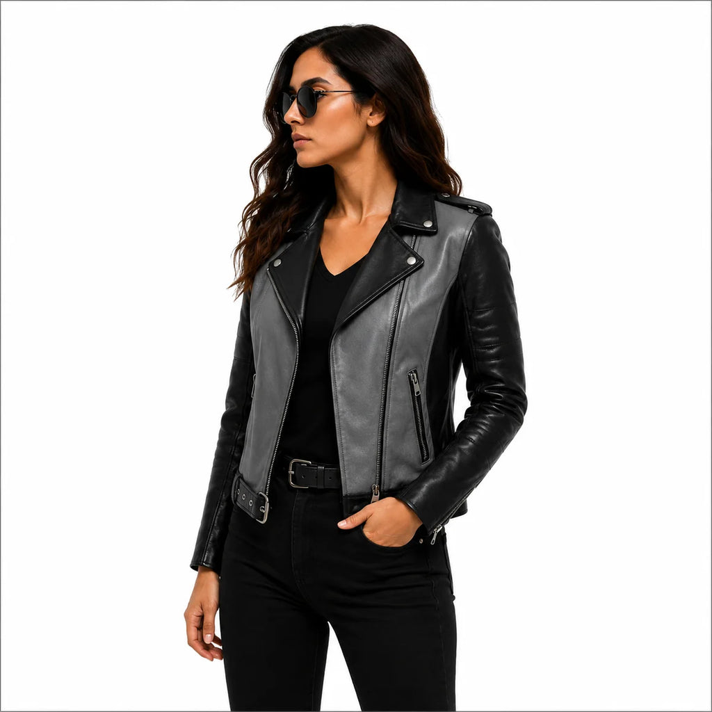 women's grey bicolor moto jacket