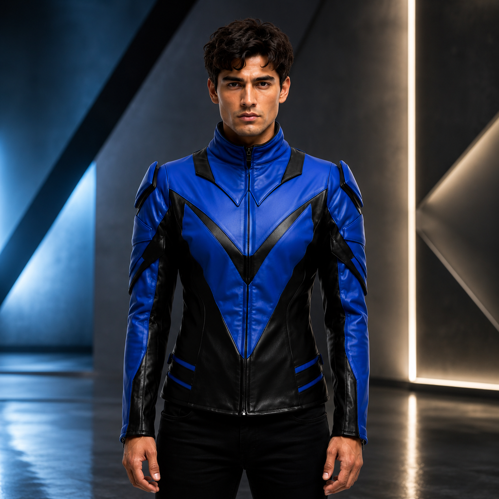 Men's Blue Black Leather Superhero Jacket Streetwear Outfit