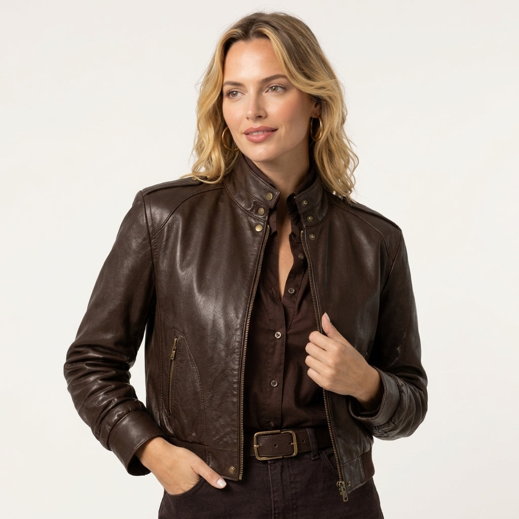 Classic dark brown women's leather jacket with a fitted silhouette, styled for an elegant