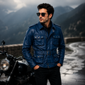 Men's Royal Blue Military Safari Leather Field Jacket