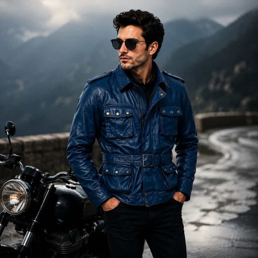 Men's Black Leather Military Field Jacket