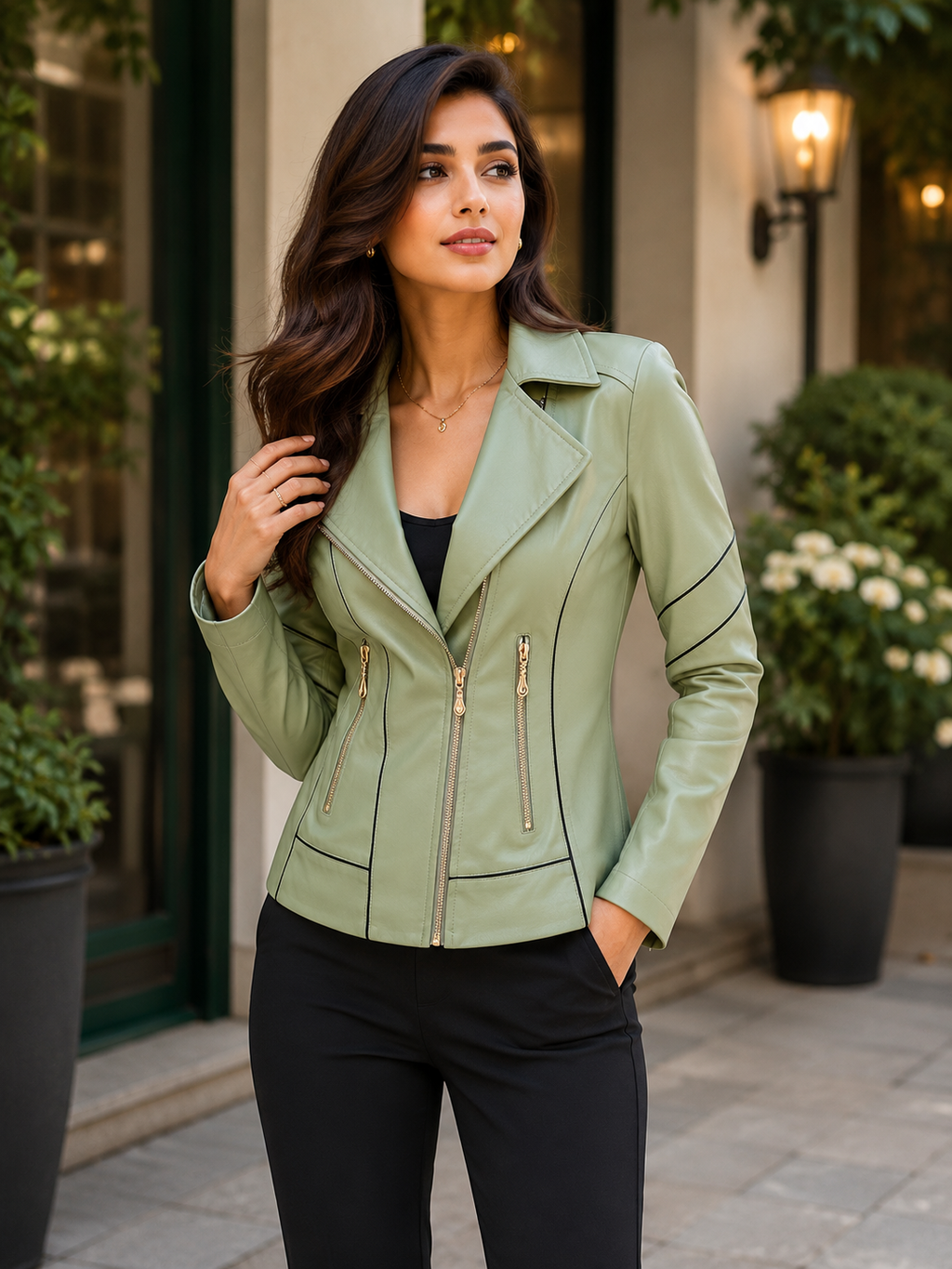 Women's Sage Green Moto Jacket Street Style 