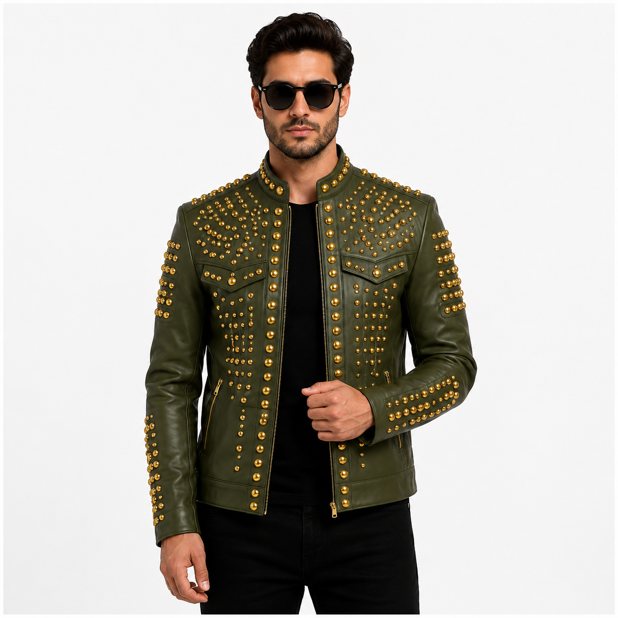 Men's Olive Green Studded Leather Jacket