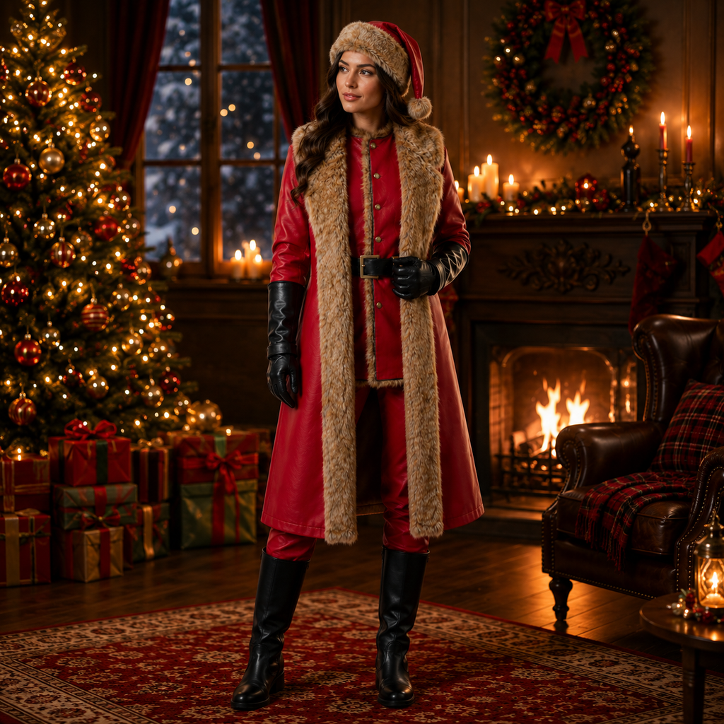Santa Inspired Red Faux Leather Coat Costume with Faux Fur Trim – Christmas Holiday Outfit