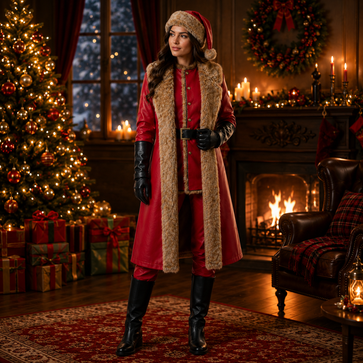 Santa Inspired Red Faux Leather Coat Costume with Faux Fur Trim – Christmas Holiday Outfit