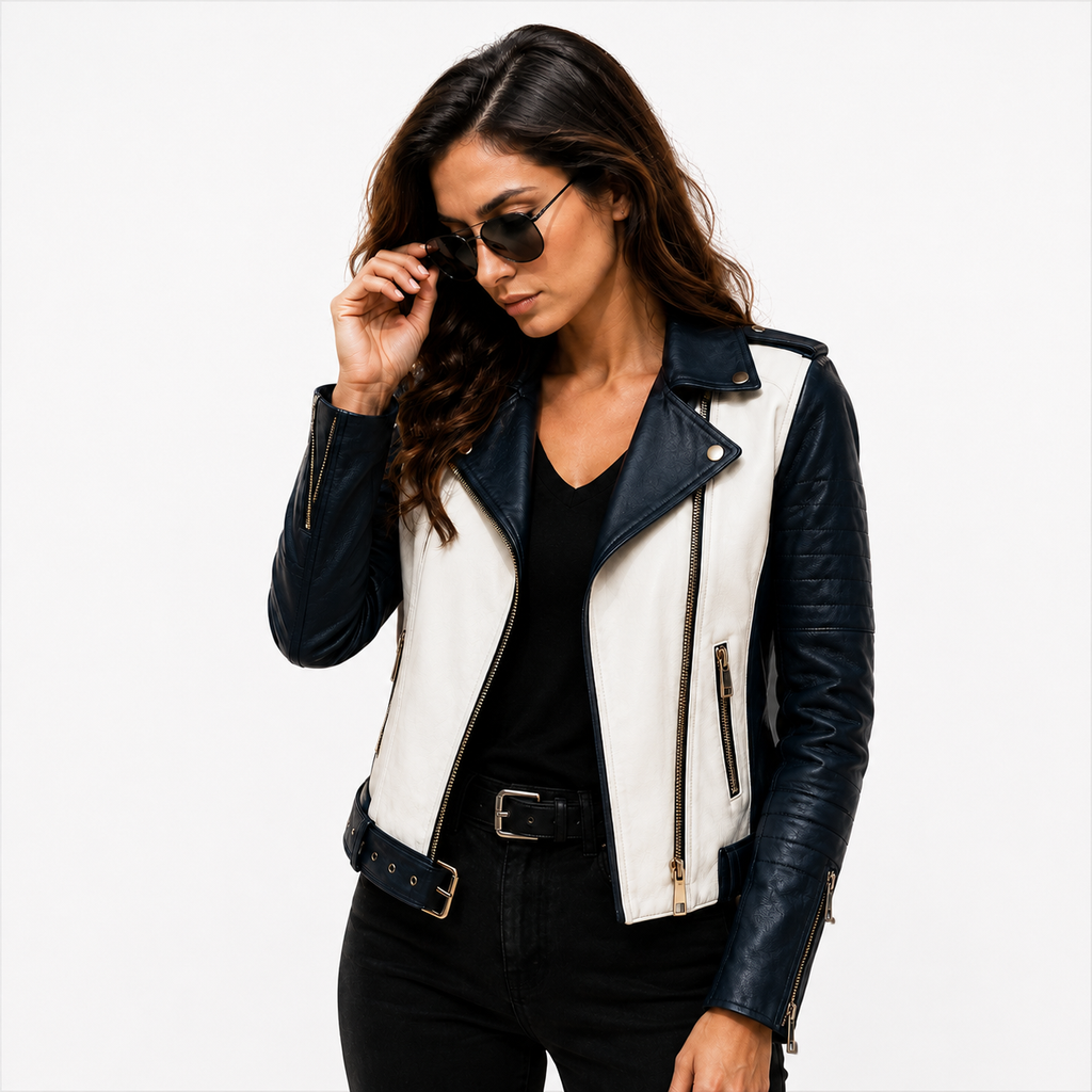 Women's Navy Blue & White Biker Leather Jacket
