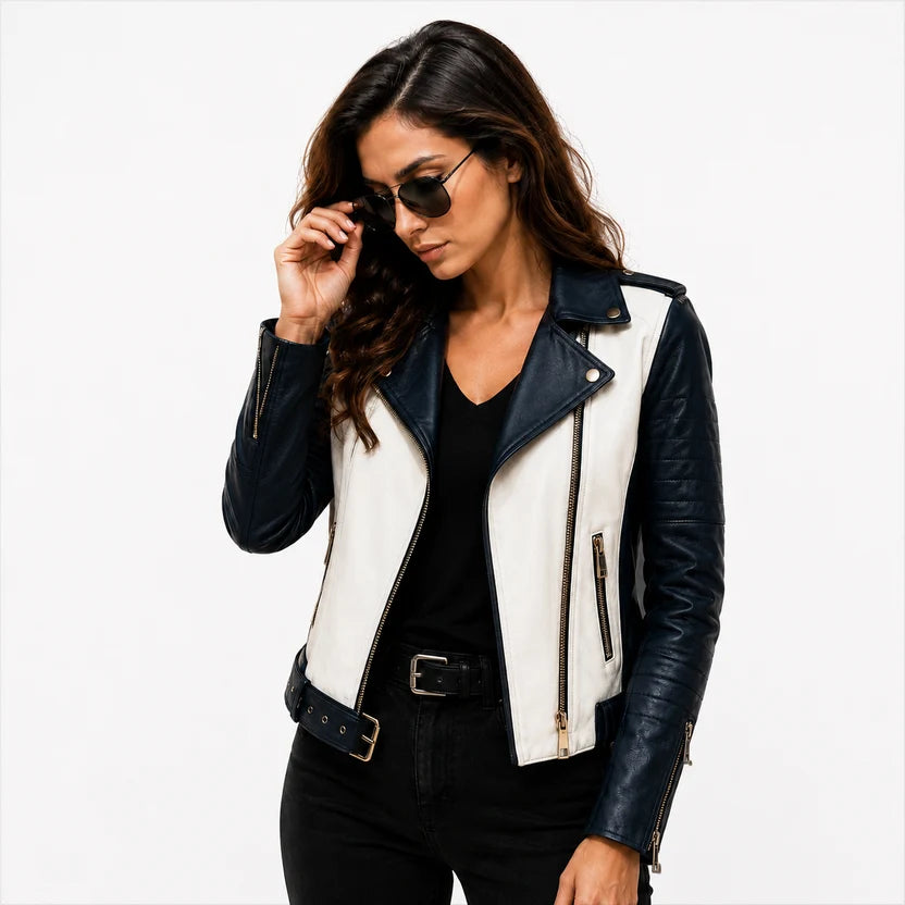 women's white navy blue leather jacket