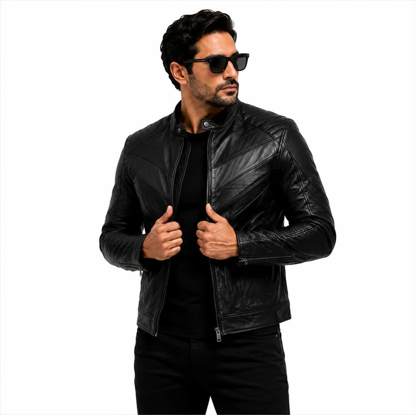Men's All Black Diagonal Quilt Leather Jacket