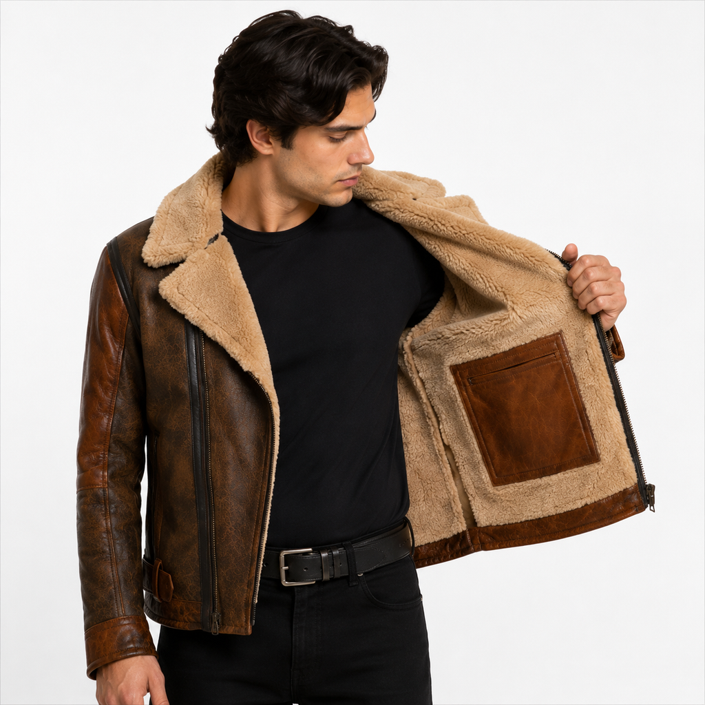 Men's distressed brown shearling aviator jacket
