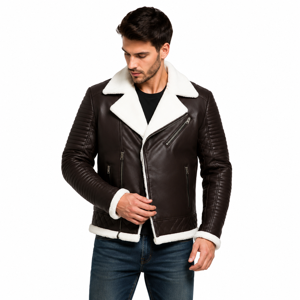 Men's Brown Asymmetric Leather Biker Jacket