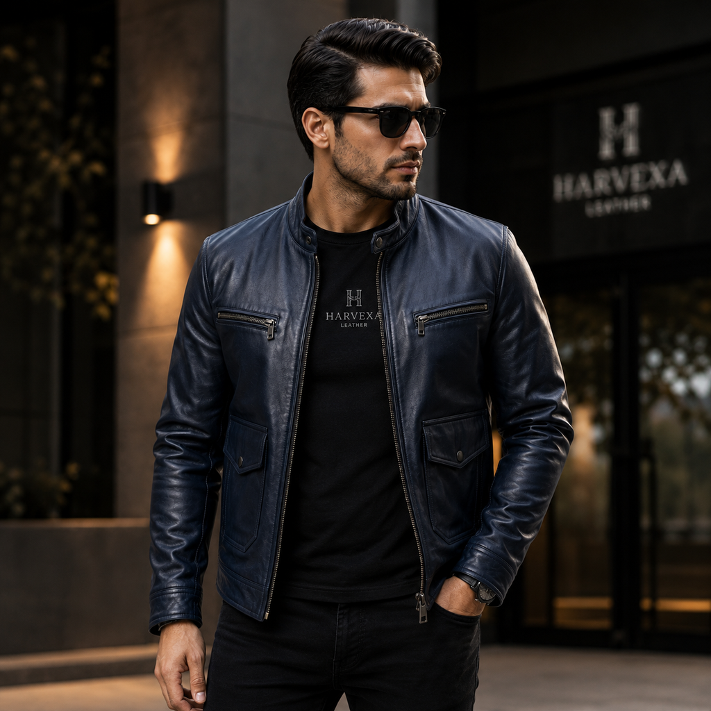 Men's navy blue leather café racer jacket
