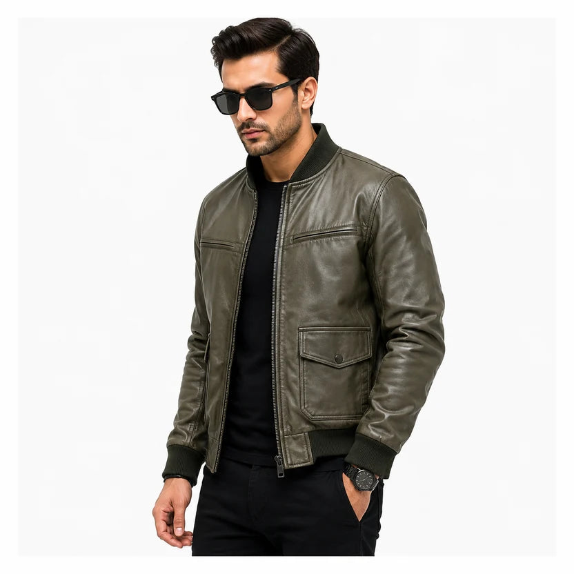 olive green leather bomber jacket