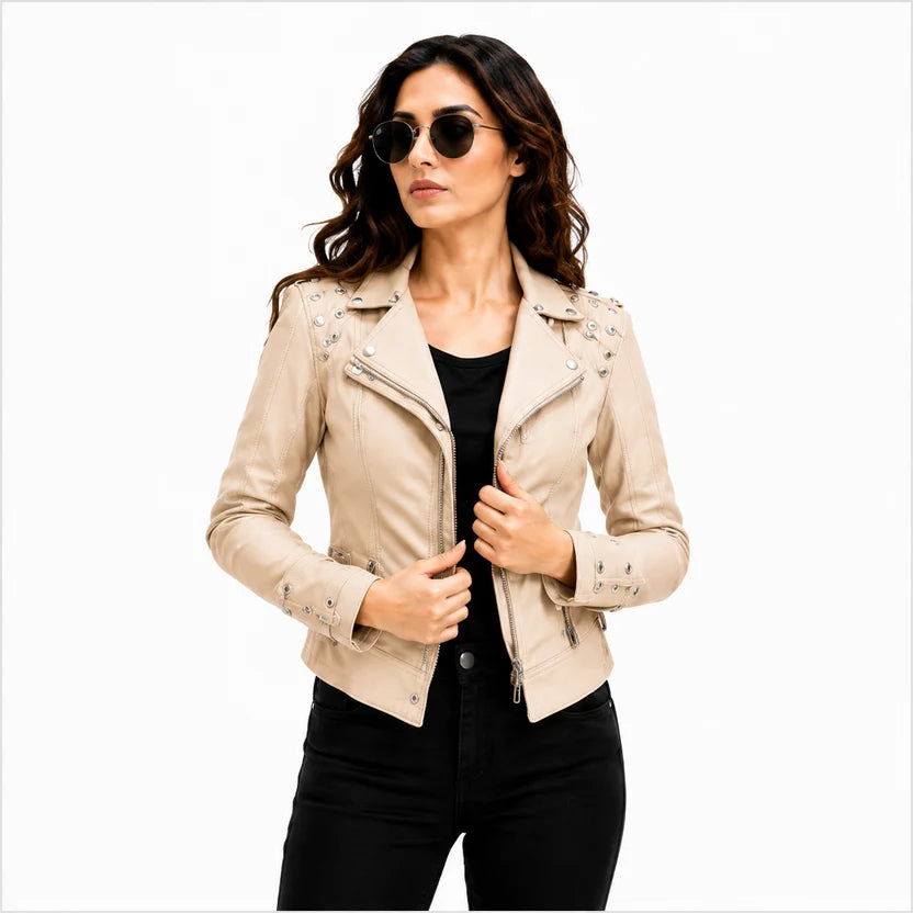 Women's Beige Studded Leather Jacket