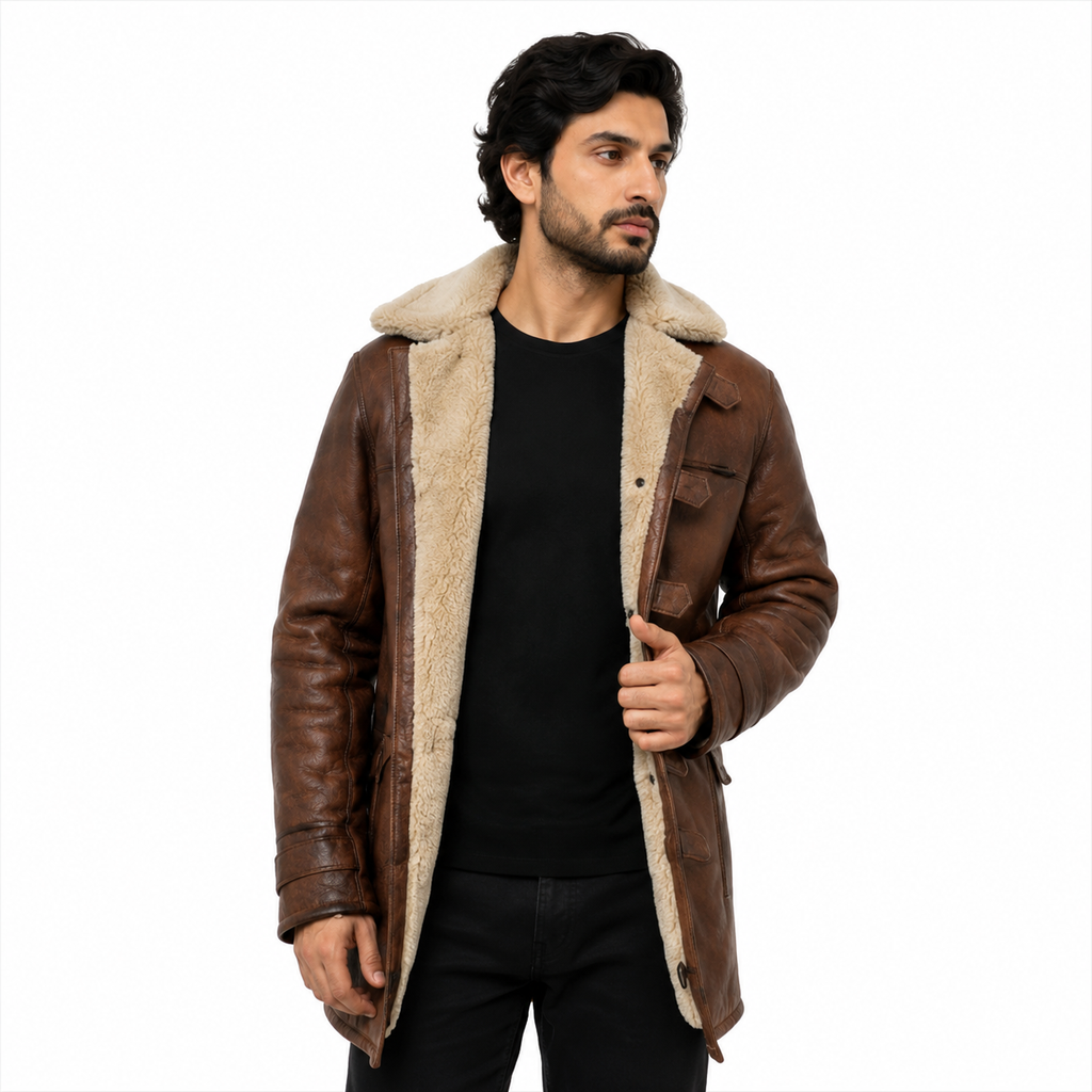 Men's Brown Faux Shearling Long Leather Coat