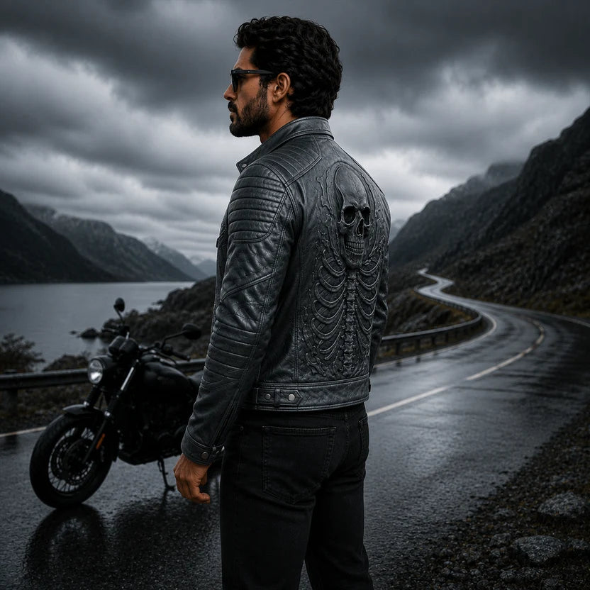 Men's Charcoal Grey Skull Skeleton Leather Jacket