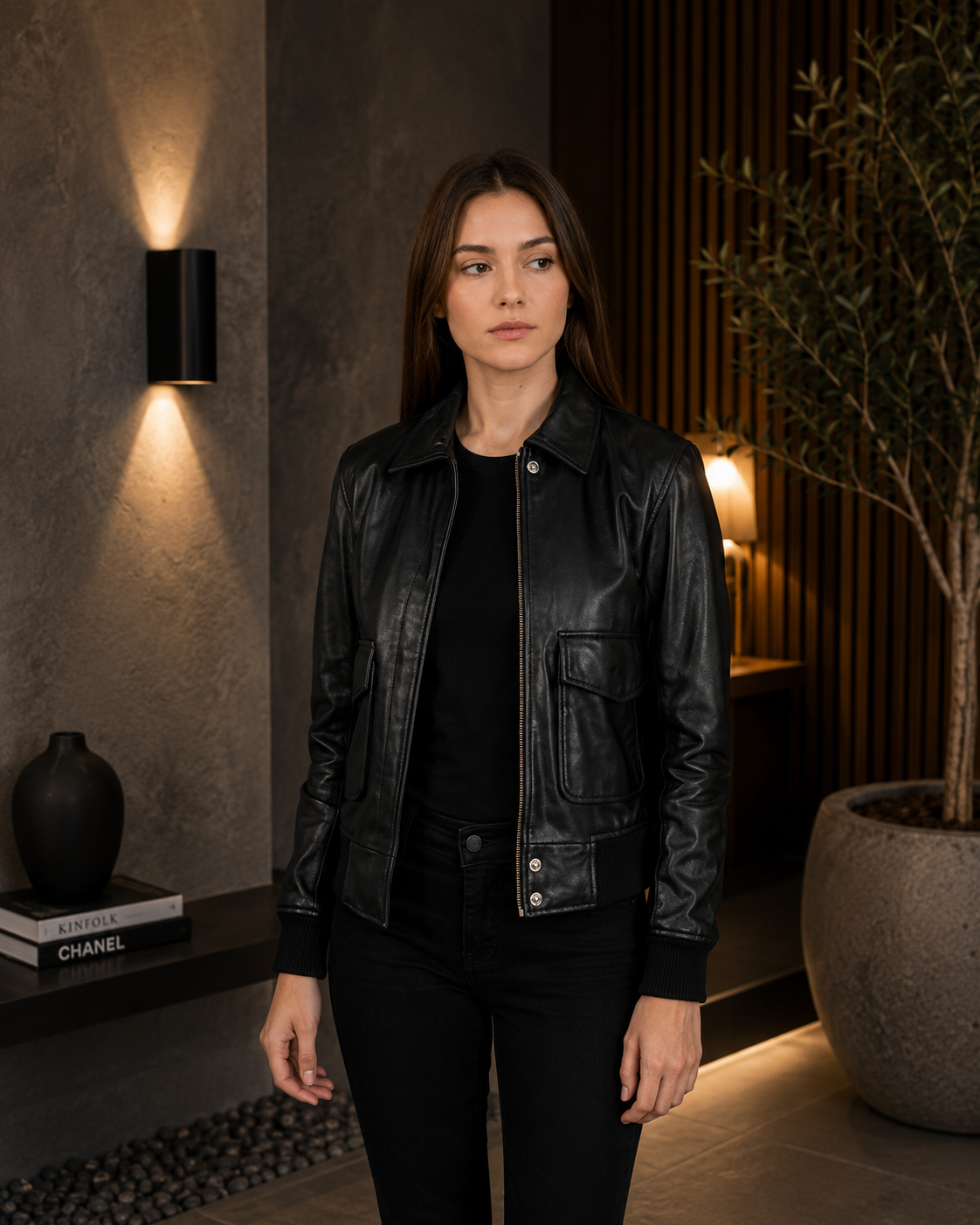 Women's Black Leather Bomber Jacket