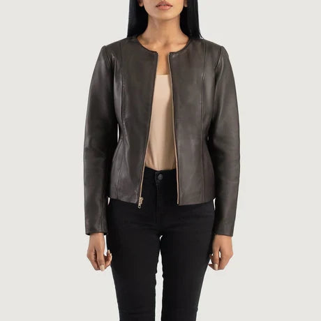 Women's Dark Brown Collarless Crop Leather Jacket 