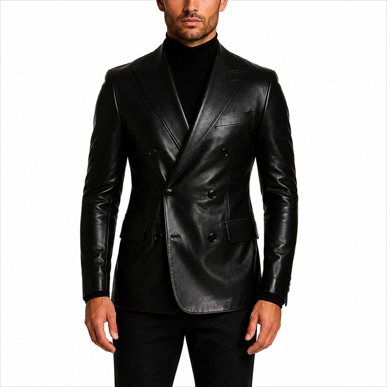 Men's Black Double Breasted Genuine Leather Blazer 