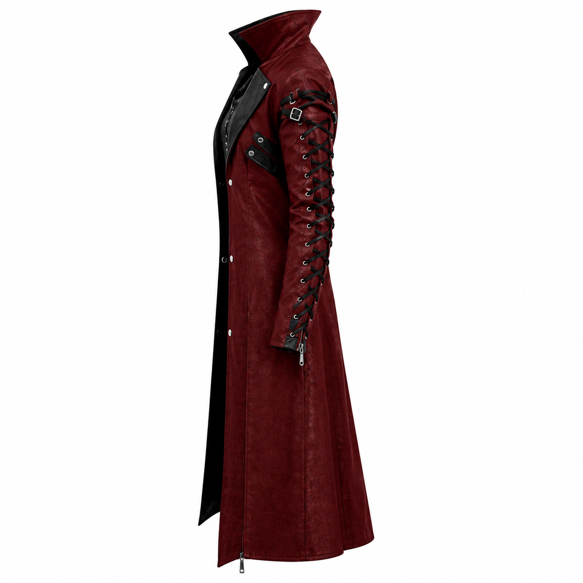 Gothic burgundy leather long coat with lace up sleeves and buckle straps