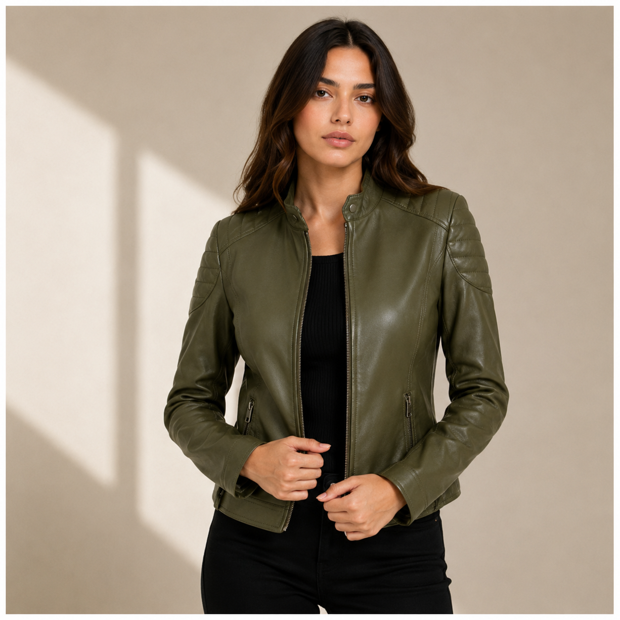 Women's Olive Green Cafe Racer Leather Biker Jacket