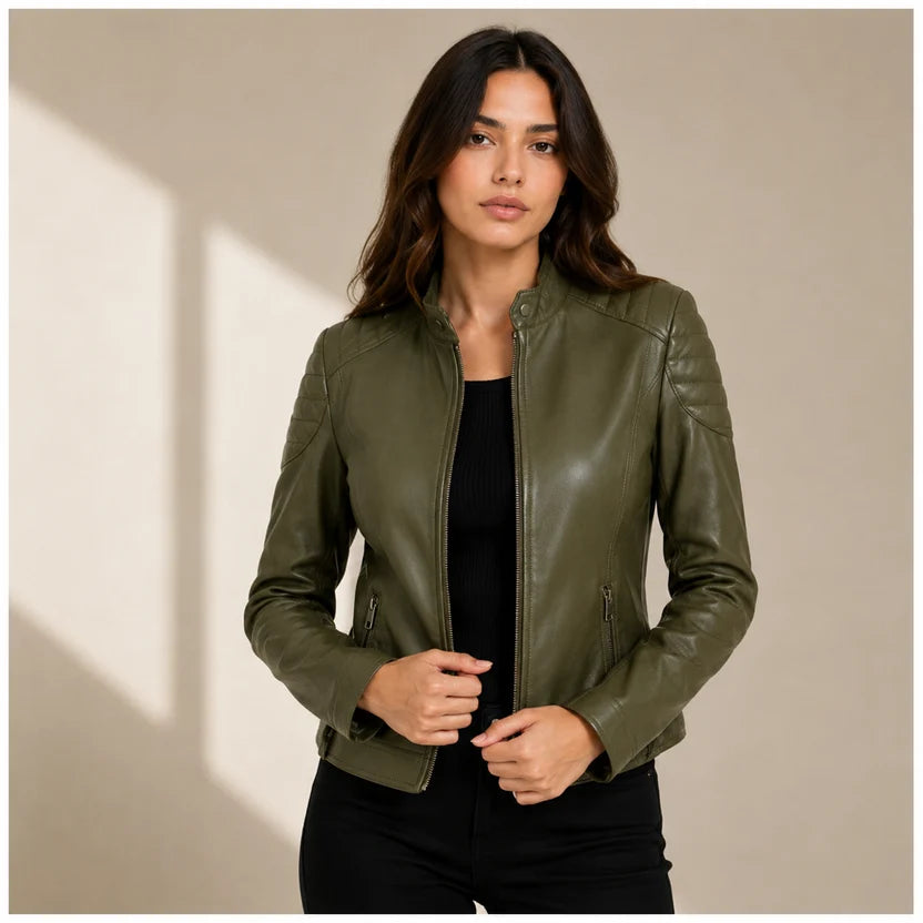 Women's Olive Green Genuine Leather Cafe Racer Jacket