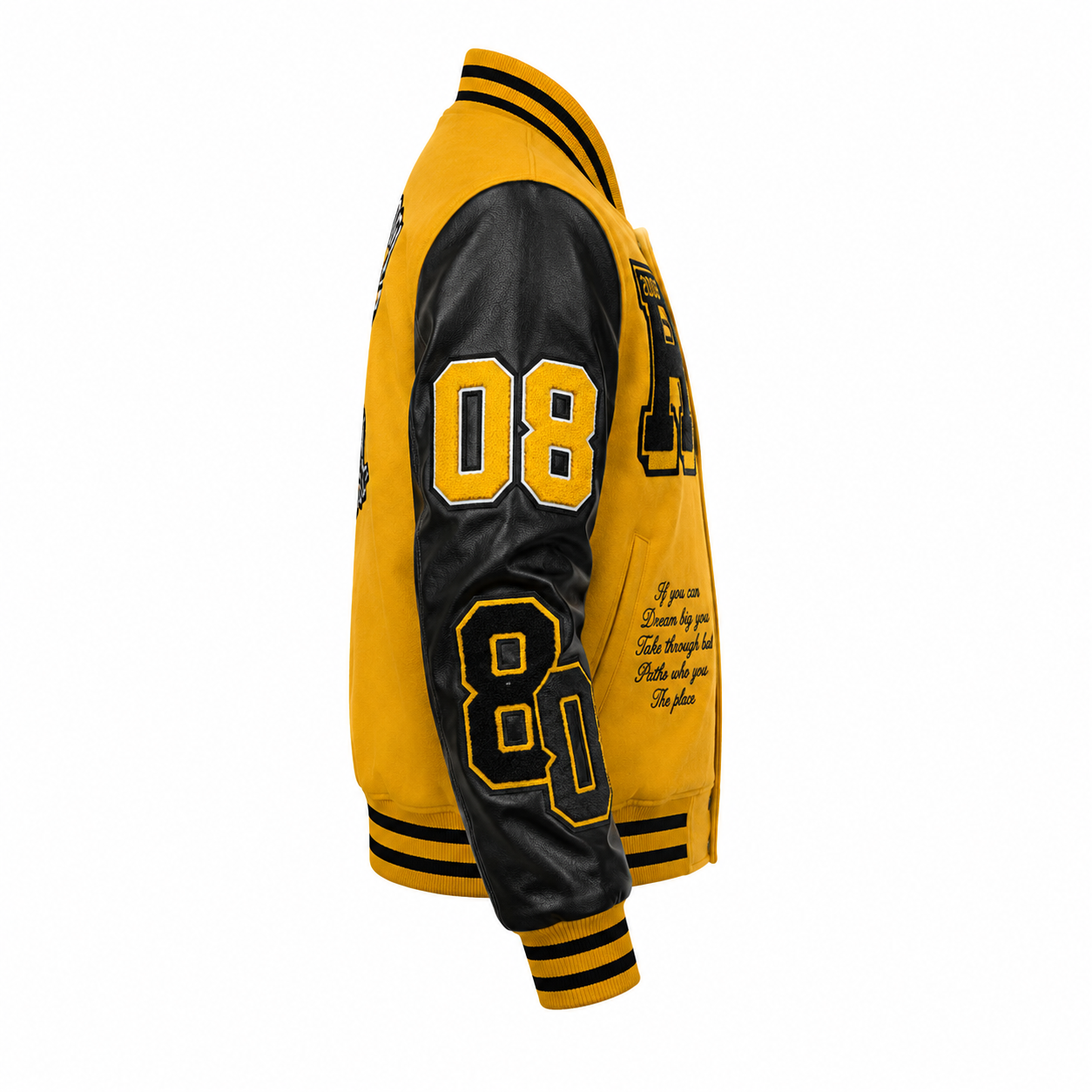 Men's Yellow and Black Varsity Letterman Jacket with Faux Leather Sleeves
