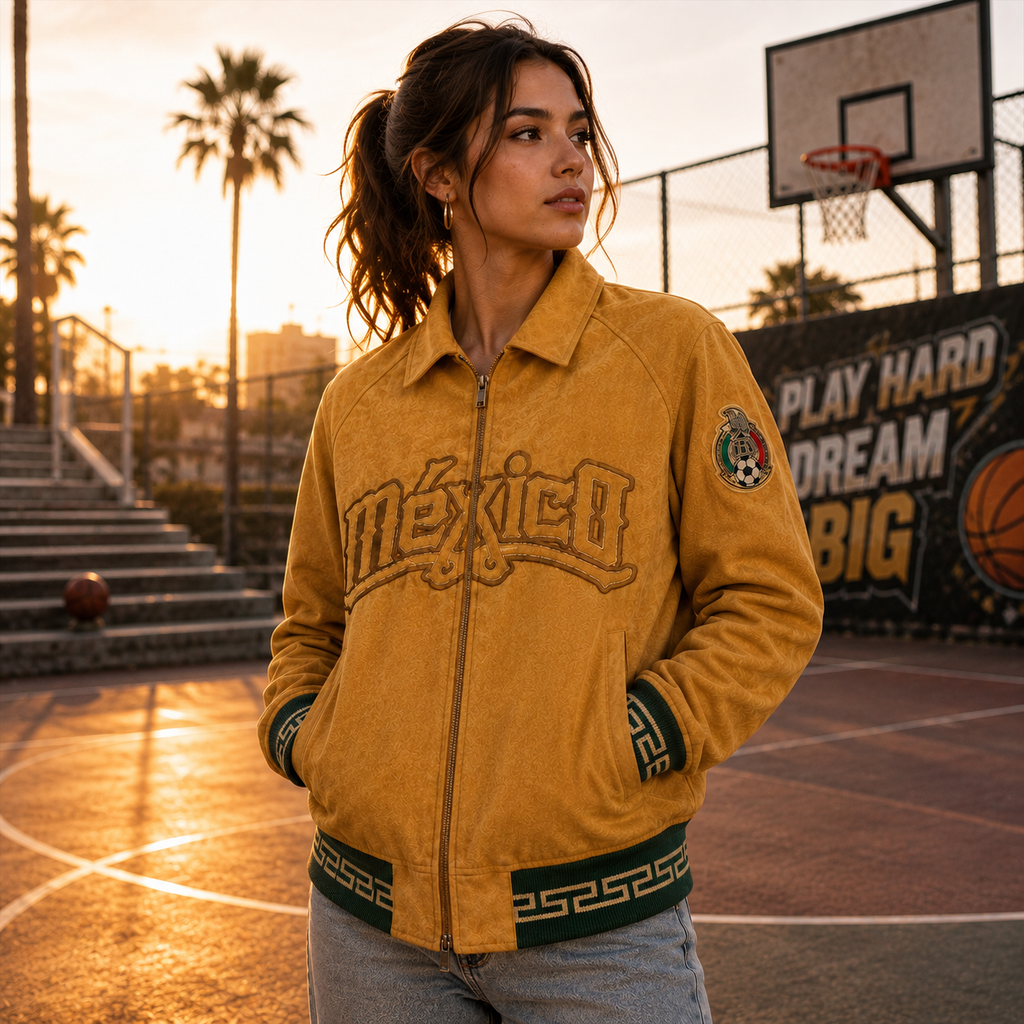 Mustard Yellow Mexico Suede Varsity Jacket with Mexico Embroidery and Green Trim