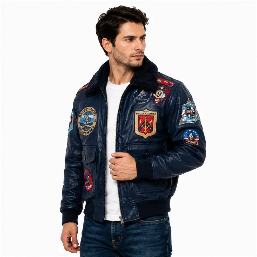Men's Black Genuine Leather Top Gun Bomber Aviator Jacket