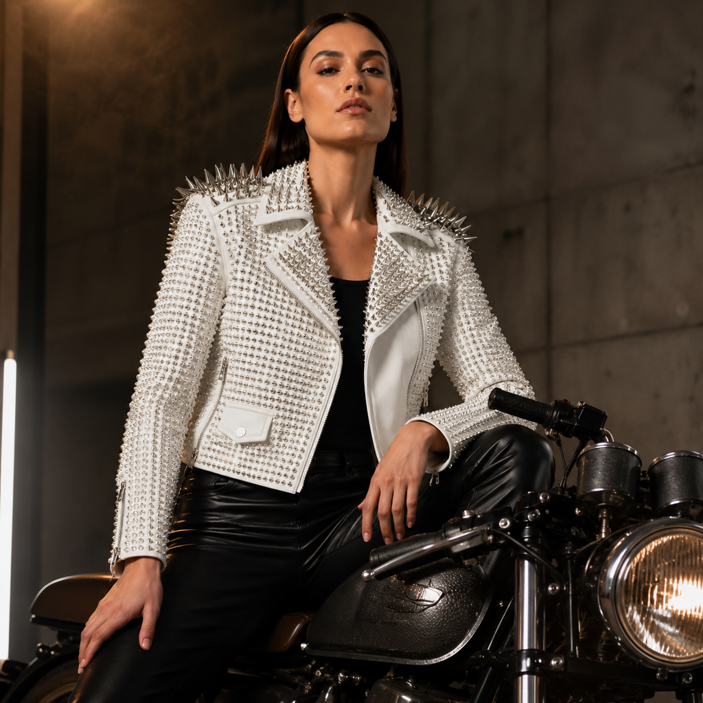 White Spiked Punk Rock Leather Jacket