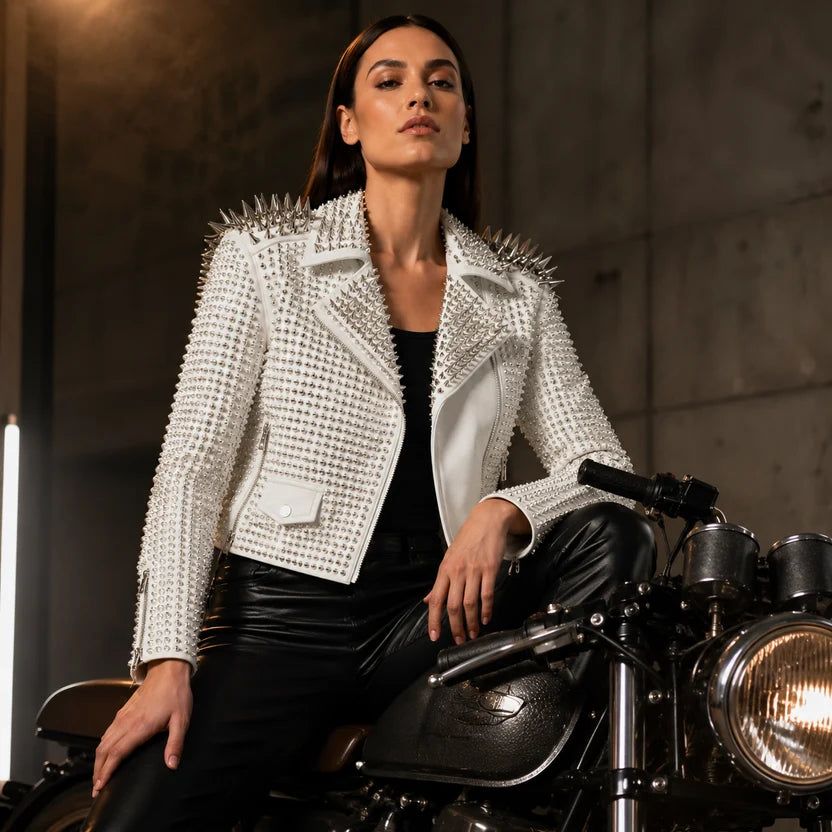 Women's White Studded Leather Biker Jacket