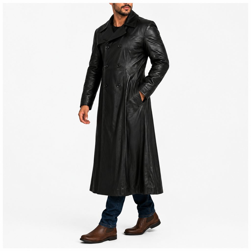 Full-Length Double-Breasted Leather Duster Trench Coat