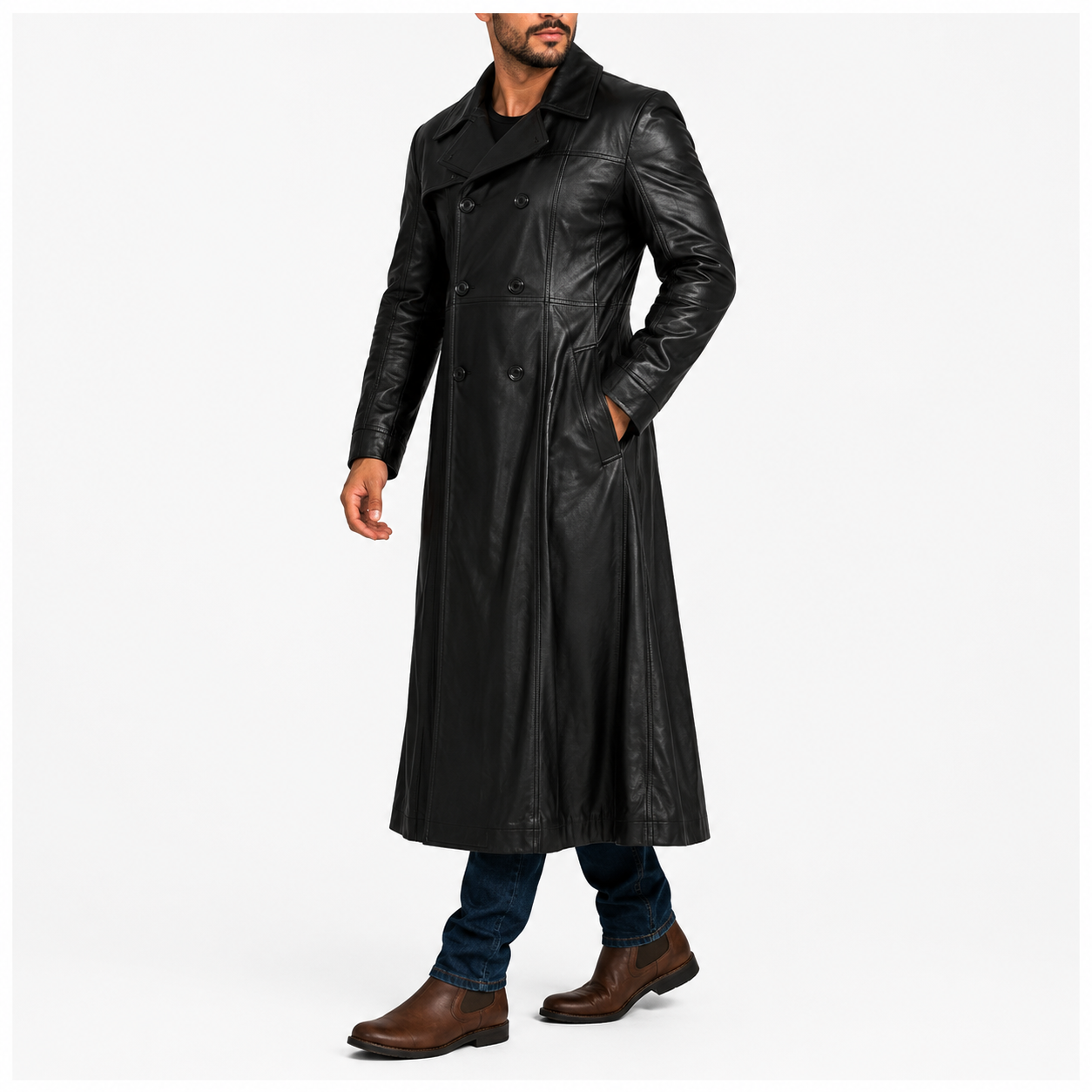 Full-Length Double-Breasted Leather Duster Trench Coat