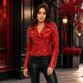 Women's Red Studded Leather Jacket with Black Pants Outfit