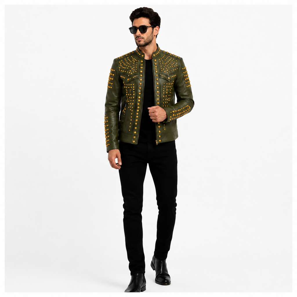 Men's Olive Green Studded Leather Jacket