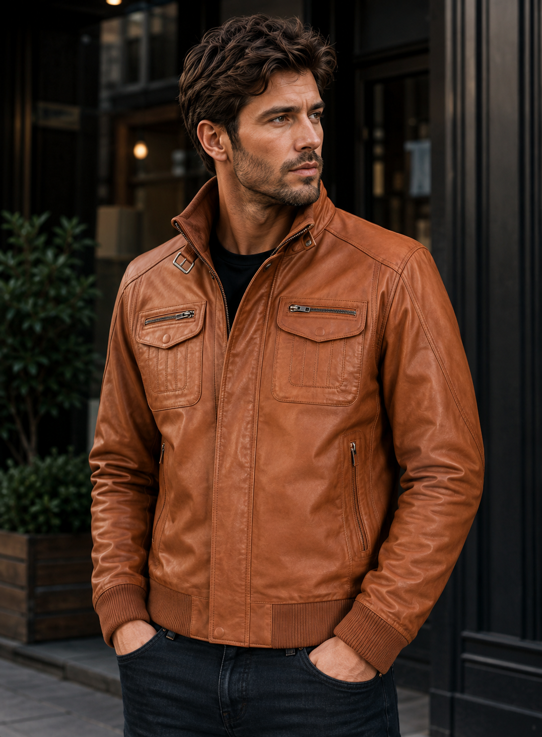Men's Tan Leather Flight Jacket