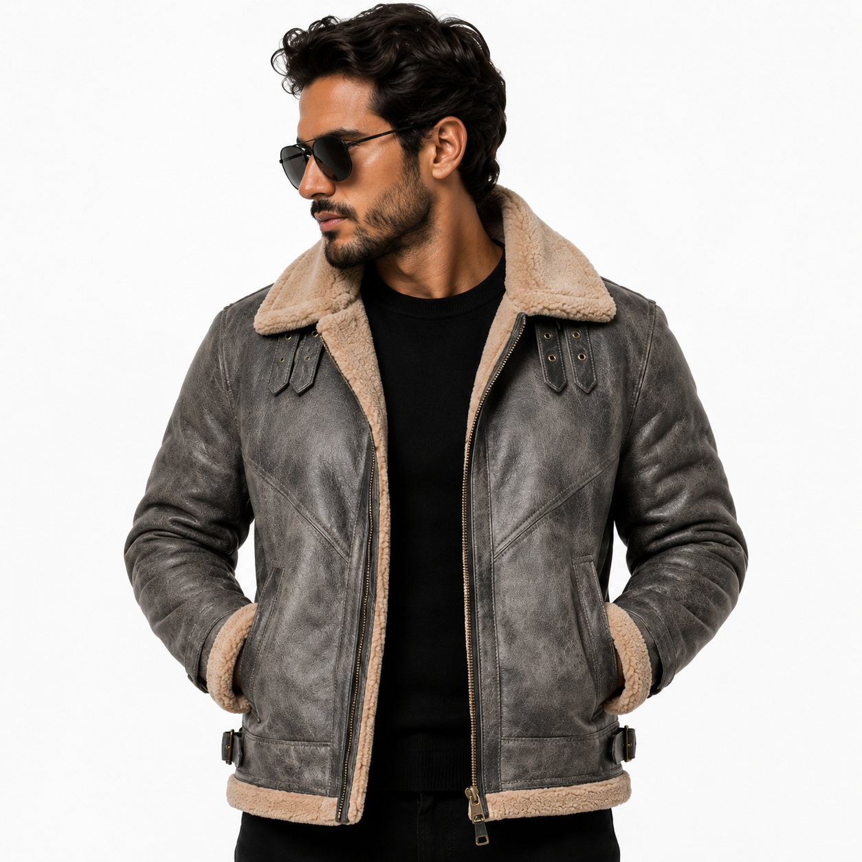 Men's Distressed Grey B-3 Aviator Jacket