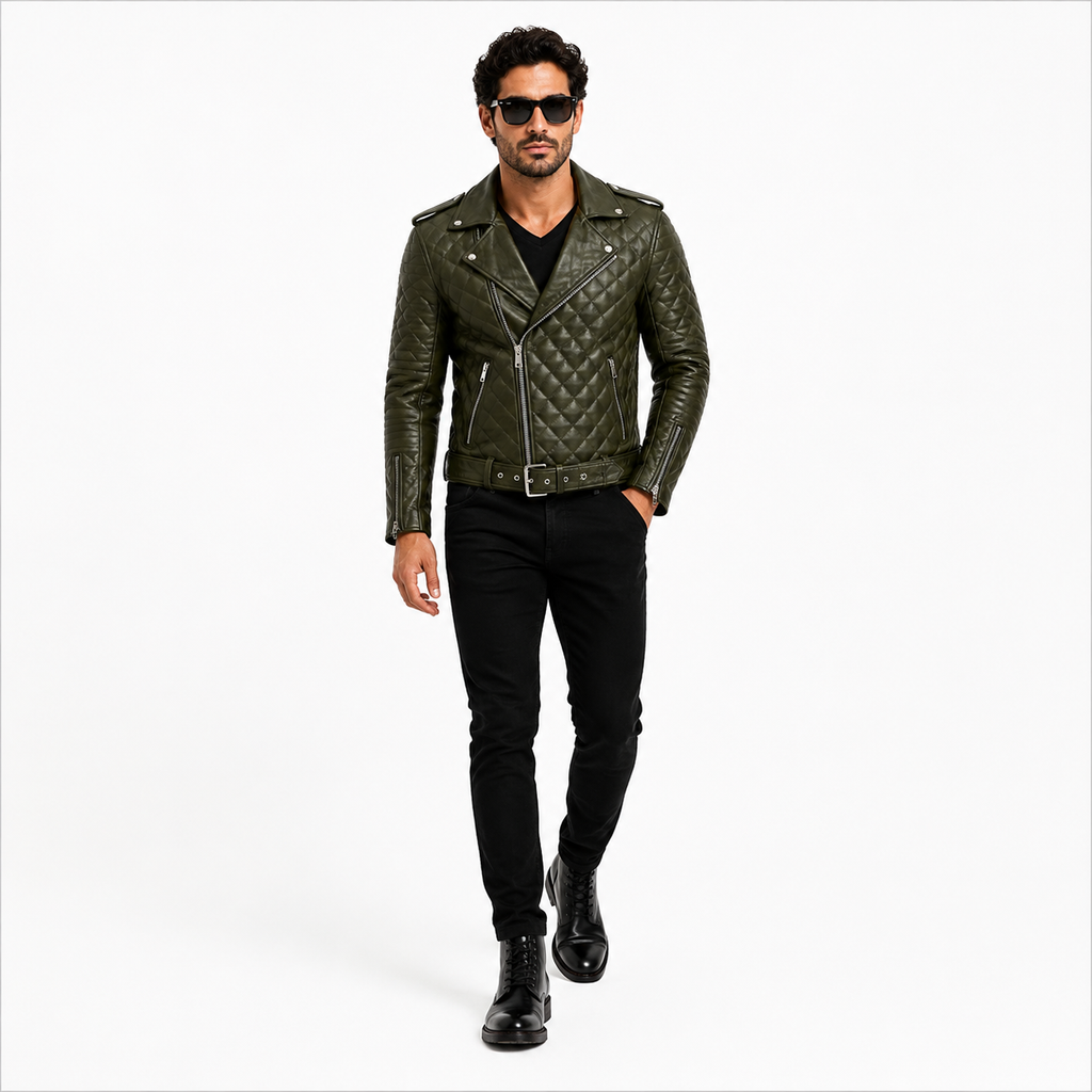 Men's Quilted Olive Green Leather Biker Jacket