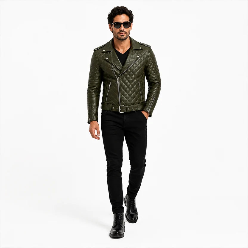 Men's White Leather Quilted Biker Jacket