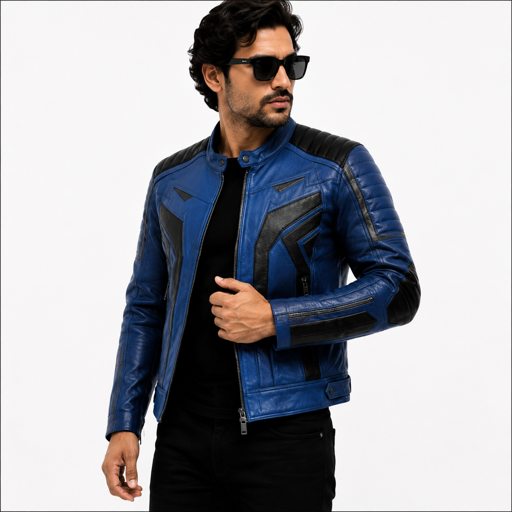 Men's Blue & Black Cafe Racer Leather Biker Jacket