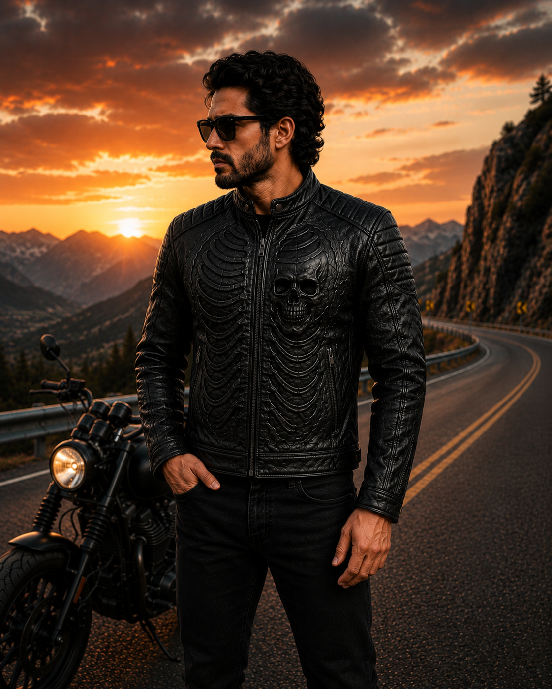 Men's Black Skull Embossed Biker Leather Jacket