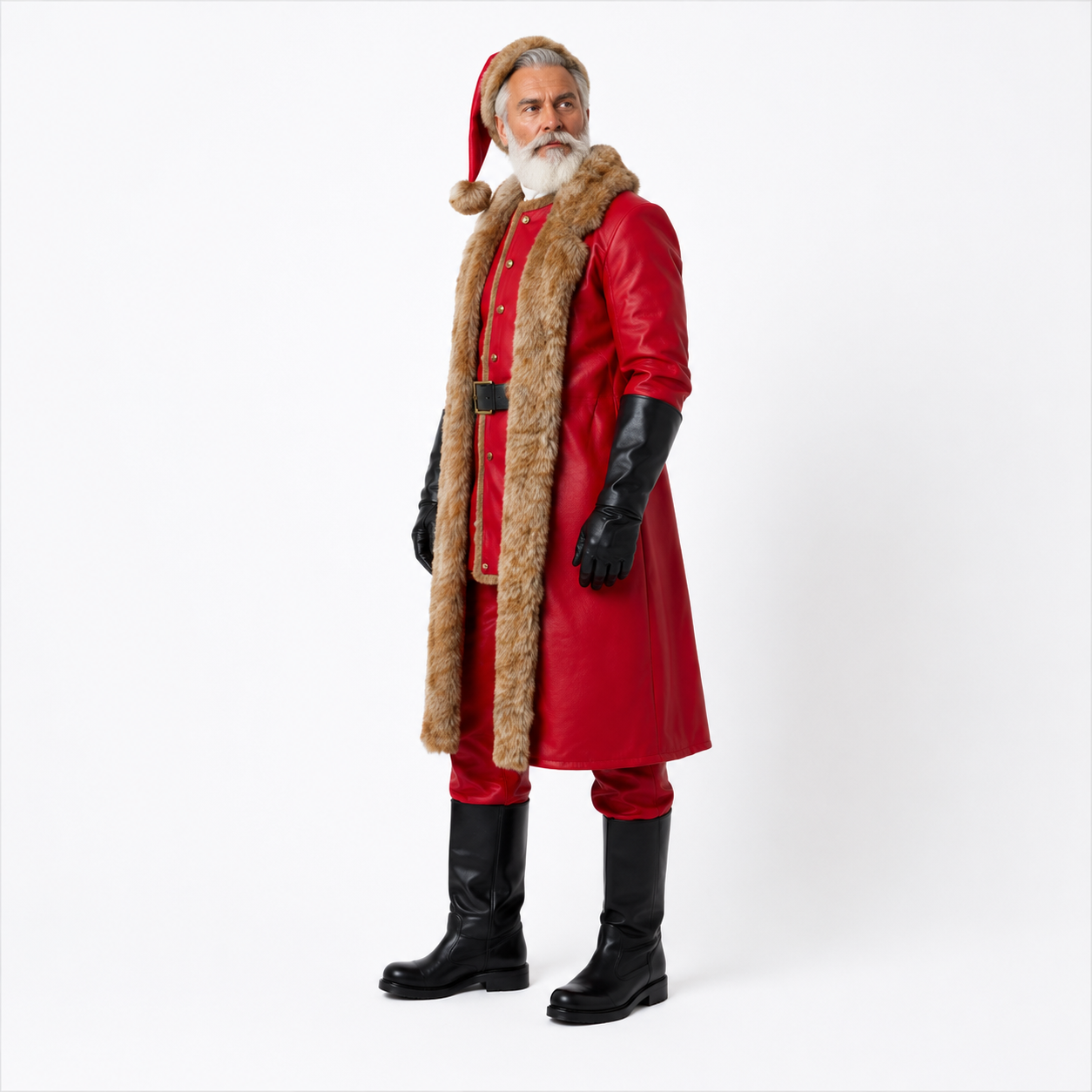 Santa Inspired Red Faux Leather Coat Costume with Faux Fur Trim – Christmas Holiday Outfit