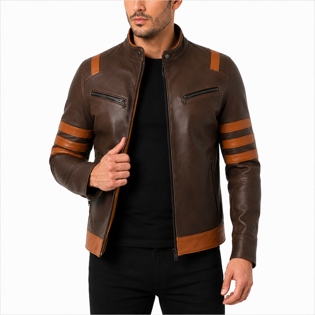 Men's Brown Tan Striped Genuine Leather Cafe Racer Jacket