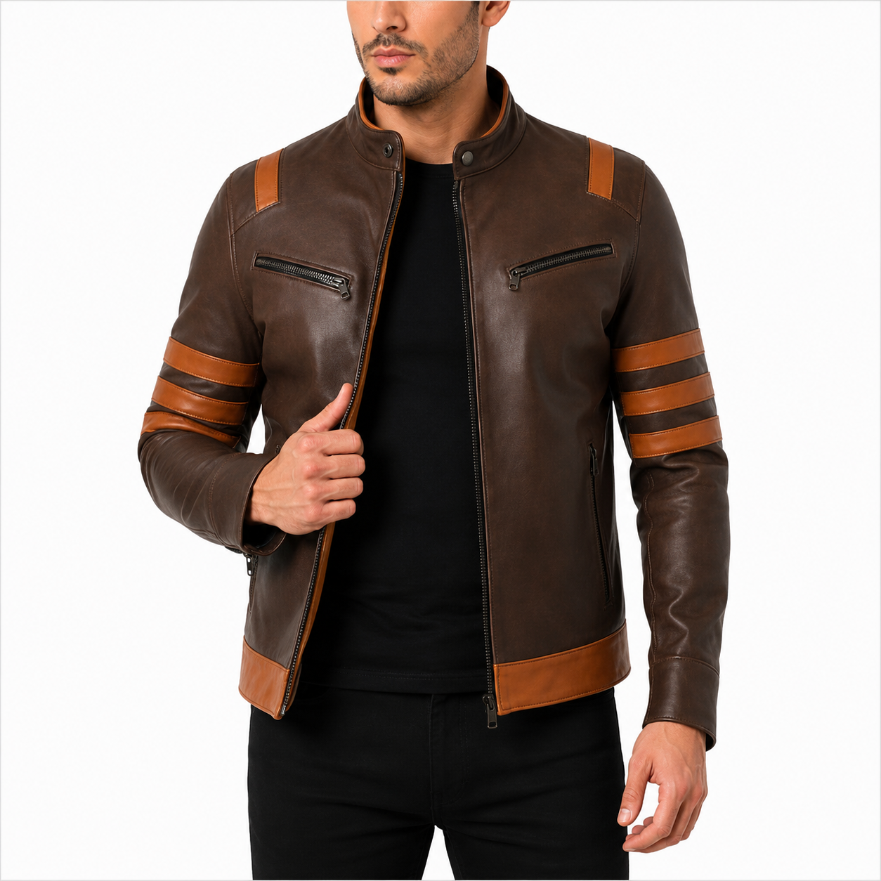 Men's Brown Tan Striped Genuine Leather Cafe Racer Jacket