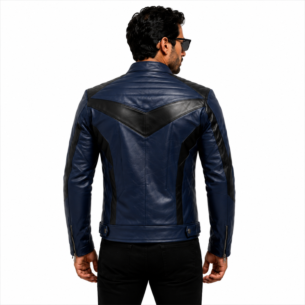 Men's Navy Blue & Black Racer Leather Jacket